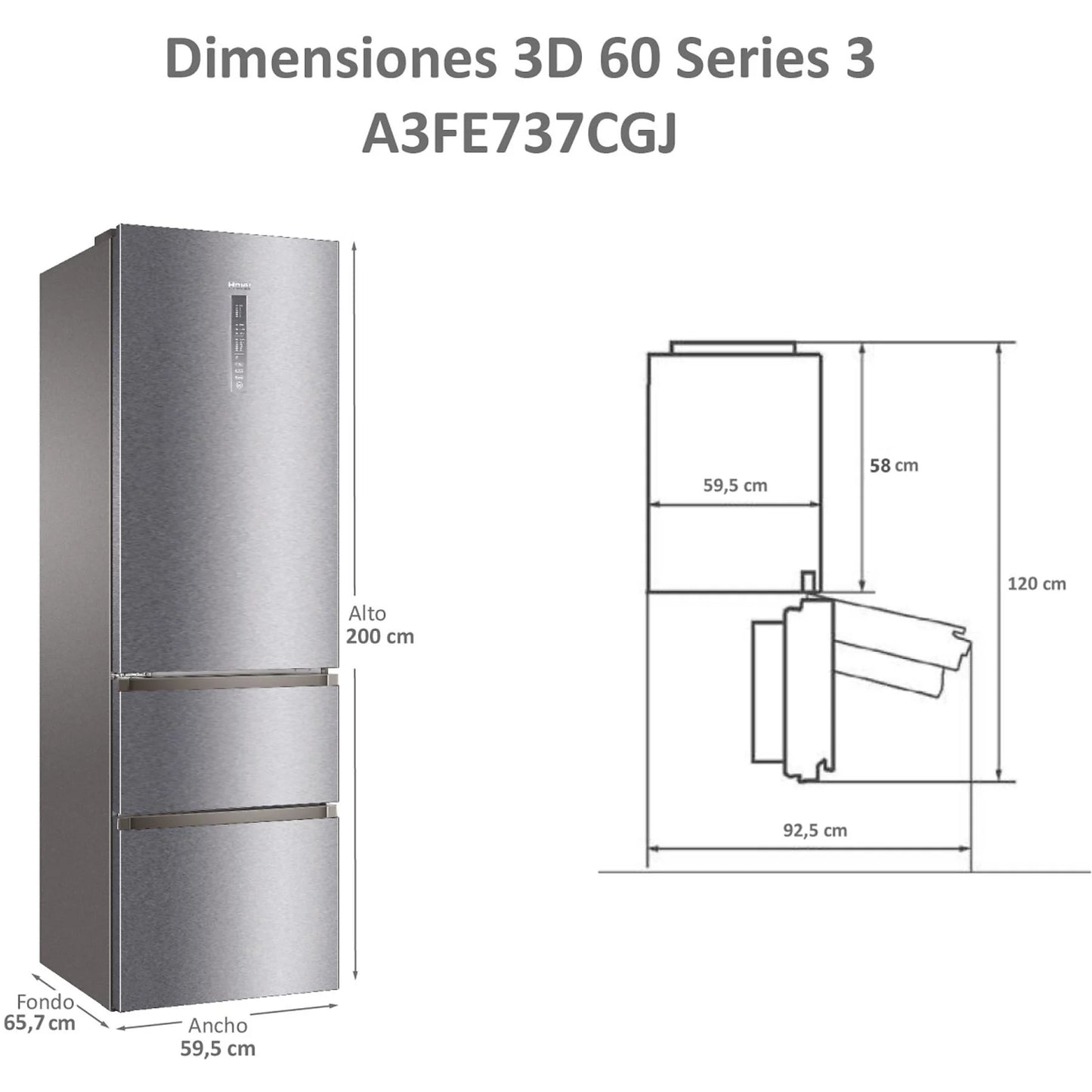 Frigorífico combi - Haier 3D 60 Series 3 A3FE737CGJ, No Frost, 200 cm